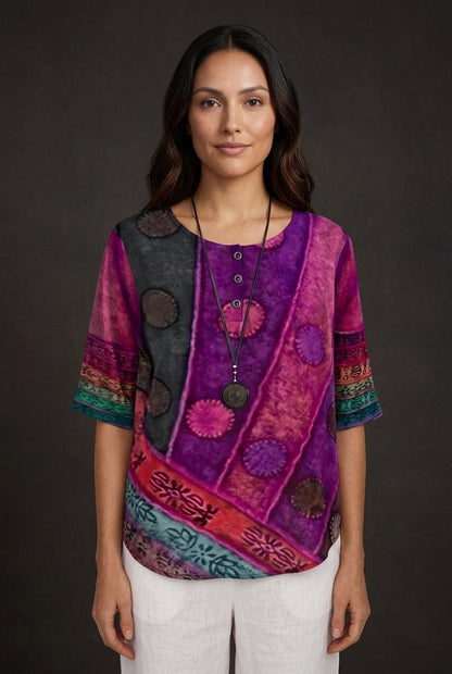 Relaxed Boho Top for Women, Mixed-Print Summer Lightweight, for Casual, Everyday & Vacation Wear