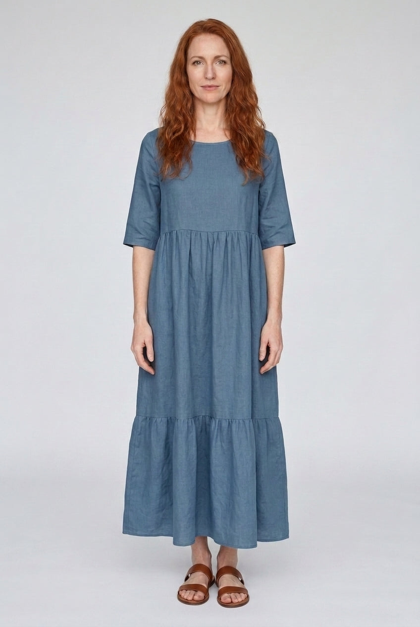 Classic Mid Sleeve Dress for Women, Cotton Relaxed Round Neckline with Pockets, for Spring, Summer & Everyday Wear