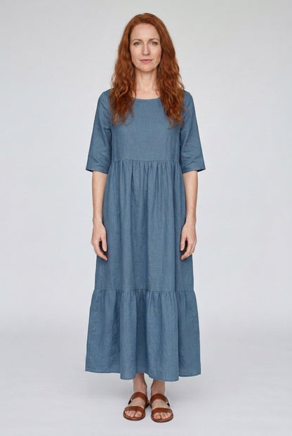 Classic Mid Sleeve Dress for Women, Cotton Relaxed Round Neckline with Pockets, for Spring, Summer & Everyday Wear