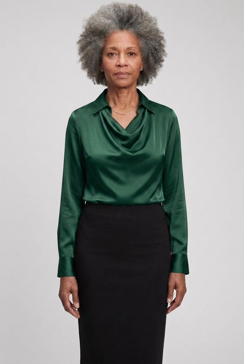 Elegant Satin Blouse for Women, Soft Drape Neckline Feminine Cut, for Work, Dinner, Evening & Everyday Wear