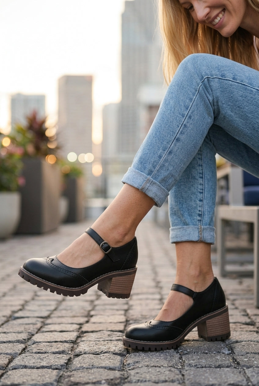 Classic T-Strap Closed Toe Heels for Women, Cushioned Block Heel with Supportive Arch, for Work, Events & Everyday Wear