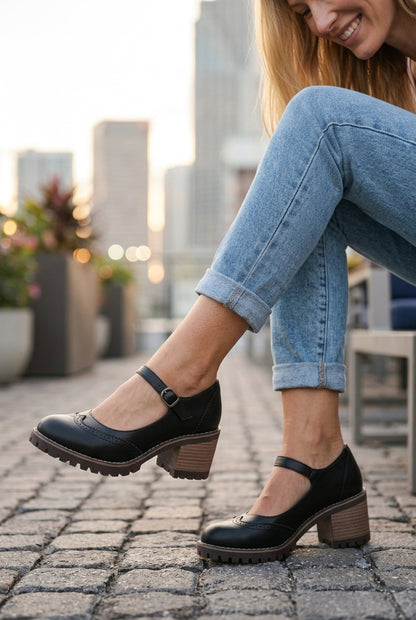 Classic T-Strap Closed Toe Heels for Women, Cushioned Block Heel with Supportive Arch, for Work, Events & Everyday Wear