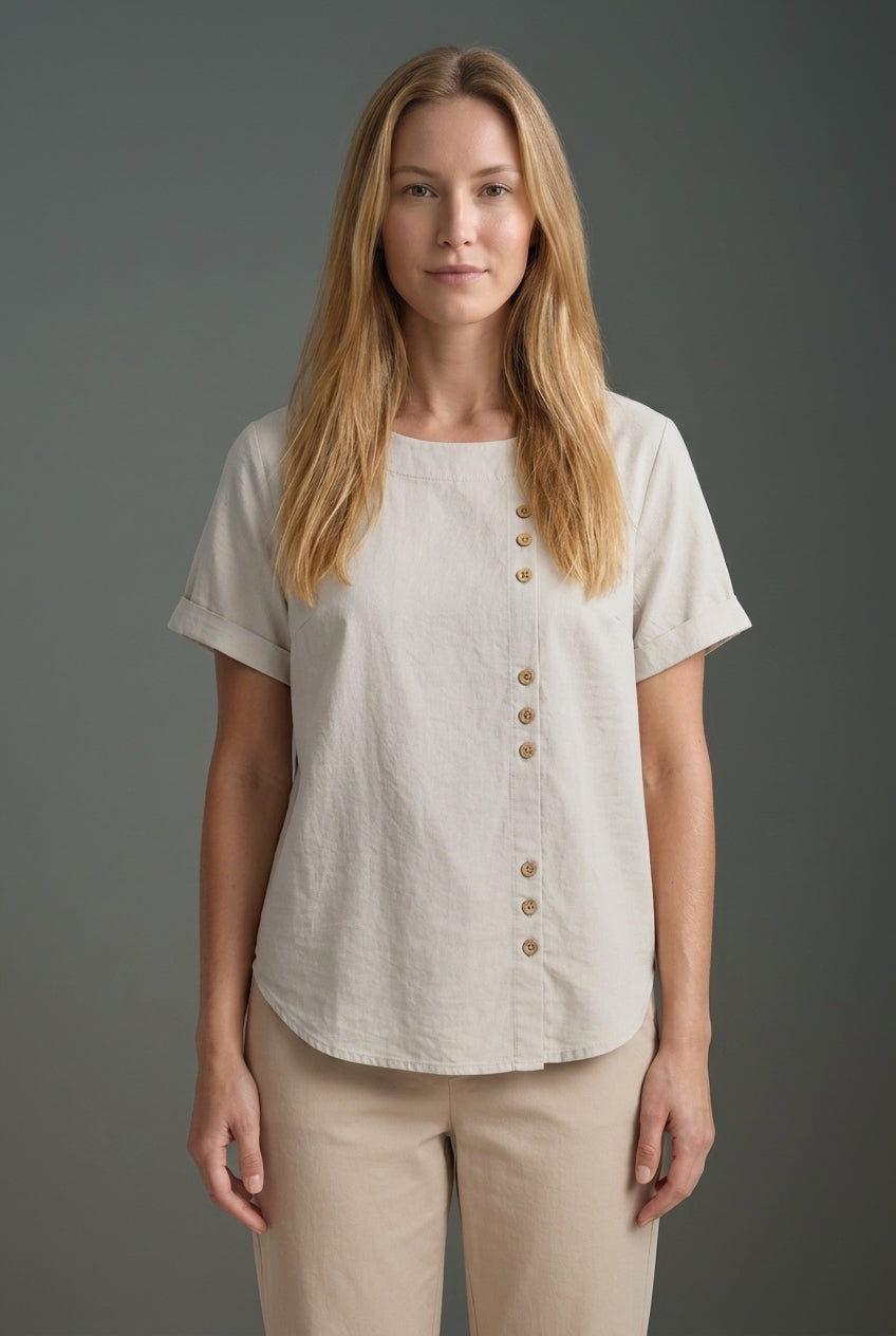 Casual Short Sleeve Cotton Blouse for Women, Loose Fit Round Neck with Side Buttons, for Summer, Everyday Wear & Vacatio