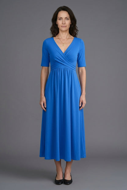 Casual V-Neck Midi Dress for Women, Wrap-Style Elbow-Sleeve Pleated with Pockets, for Office, Brunch, Lunch & Everyday W