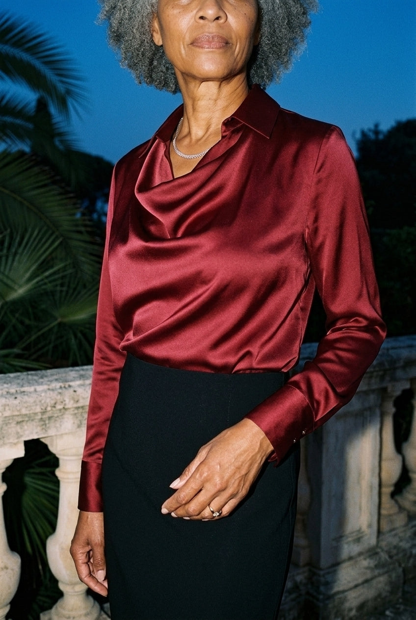 Elegant Satin Blouse for Women, Soft Drape Neckline Feminine Cut, for Work, Dinner, Evening & Everyday Wear