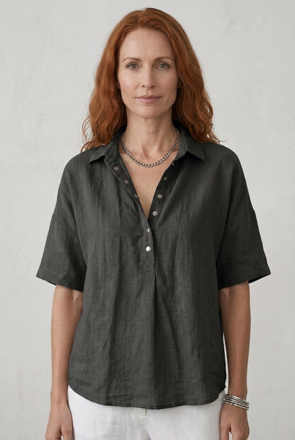 Relaxed Button-Up Collar Shirt for Women, Lightweight Breathable Fabric Collared Design, for Casual, Everyday & Spring W