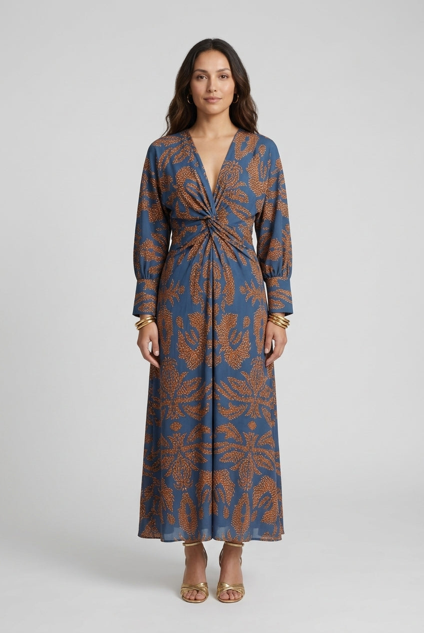 Elegant V-Neck A-Line Maxi Dress for Women, Statement Print Long-Sleeve with Front Knot, for Weddings, Cocktail Parties 