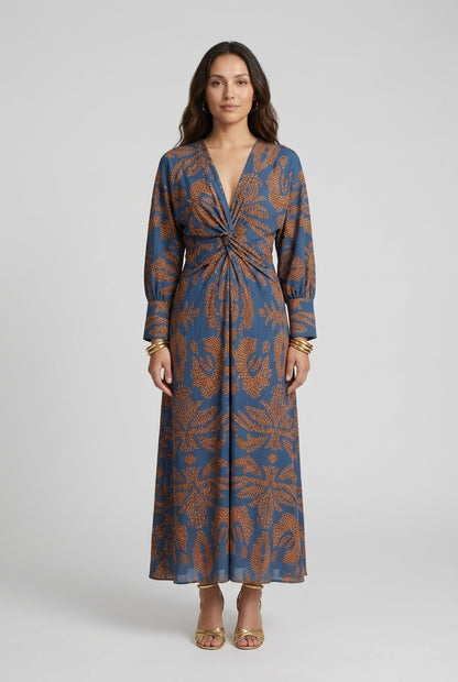 Elegant V-Neck A-Line Maxi Dress for Women, Statement Print Long-Sleeve with Front Knot, for Weddings, Cocktail Parties 