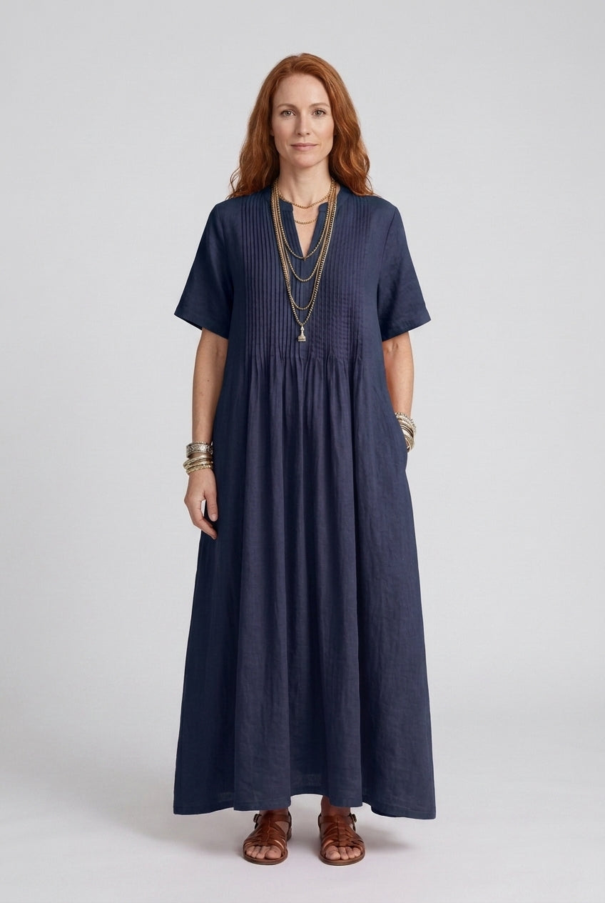 Elegant Maxi Dress for Women, Soft Linen V-Neck Relaxed Pleated, for Summer, Vacation, Brunch & Everyday Wear