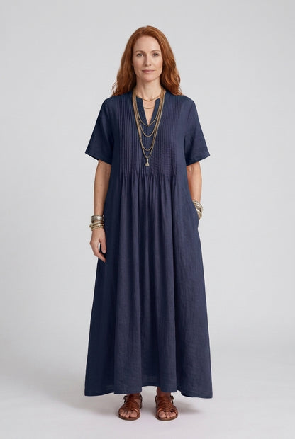 Elegant Maxi Dress for Women, Soft Linen V-Neck Relaxed Pleated, for Summer, Vacation, Brunch & Everyday Wear