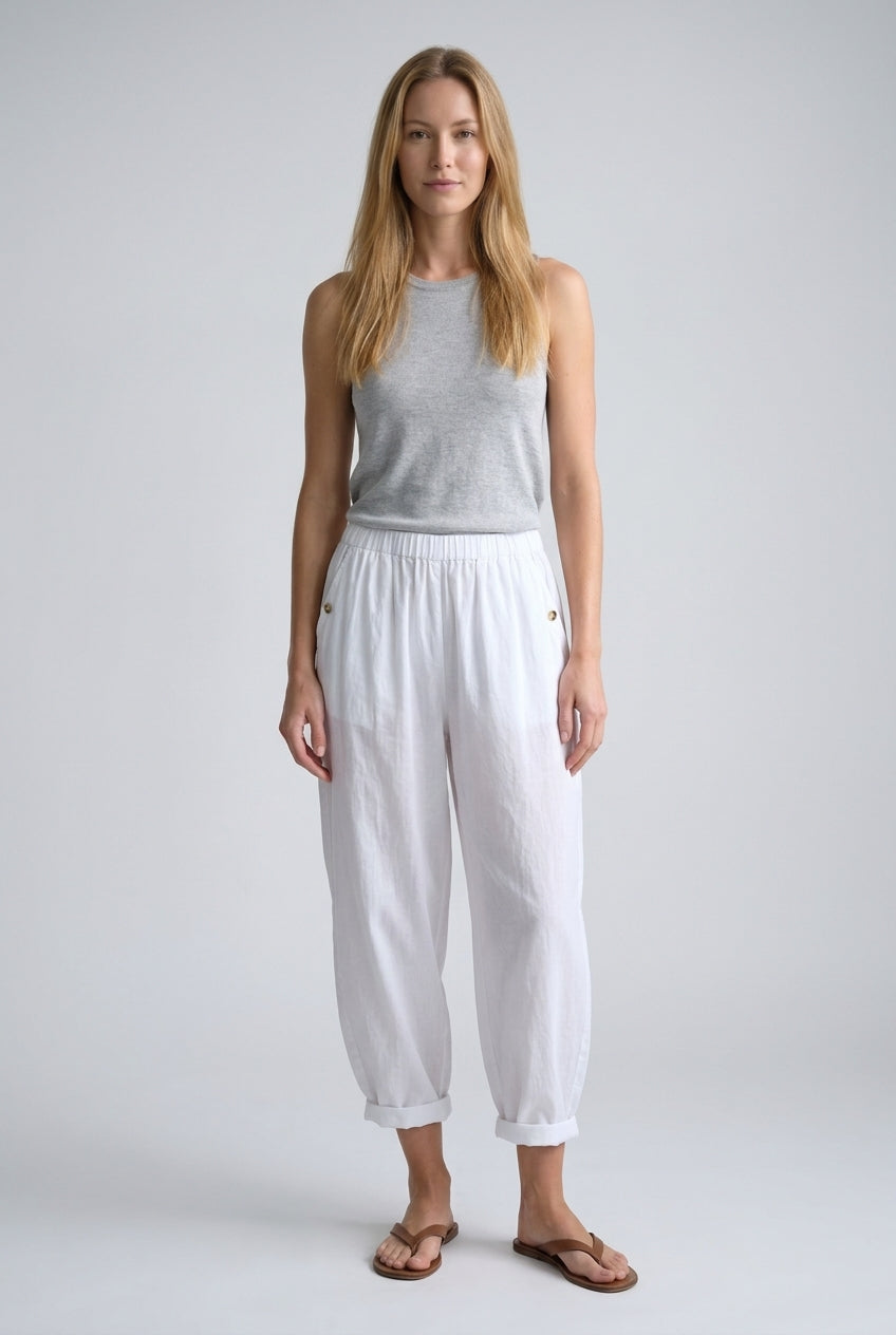 Comfortable Cotton Elastic Waist Trousers for Women, Plain Straight-Leg with Side Pockets, for Casual, Travel, Lounging 
