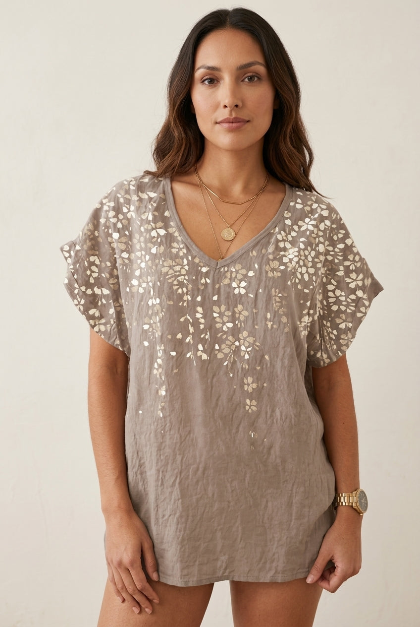 Summer Floral V-Neck Short Sleeve Women's Relaxed Top
