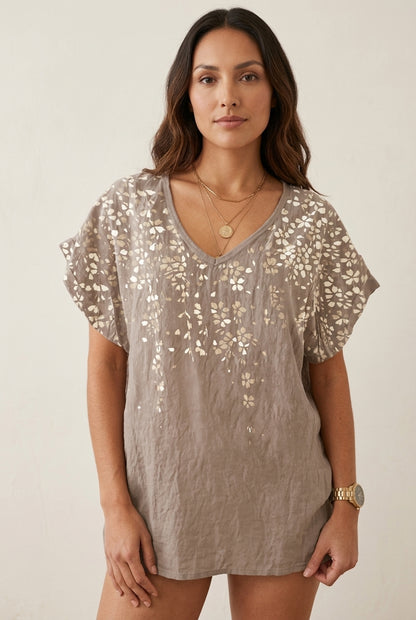 Summer Floral V-Neck Short Sleeve Women's Relaxed Top