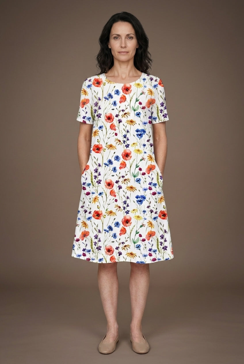Elegant Round Neck Floral Dress for Women, Printed Layered Soft Fabric, for Everyday, Work, Special Occasions & Versatil