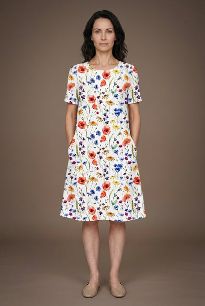 Elegant Round Neck Floral Dress for Women, Printed Layered Soft Fabric, for Everyday, Work, Special Occasions & Versatil