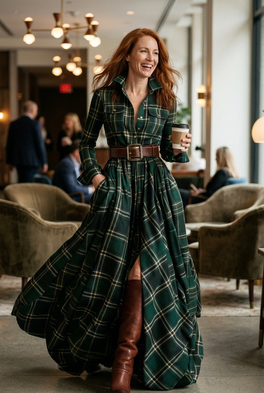 Belted Shirt Dress for Women, Plaid Tailored Flared Midi with Collar & Pockets, for Work, Brunch, Casual & Everyday Wear