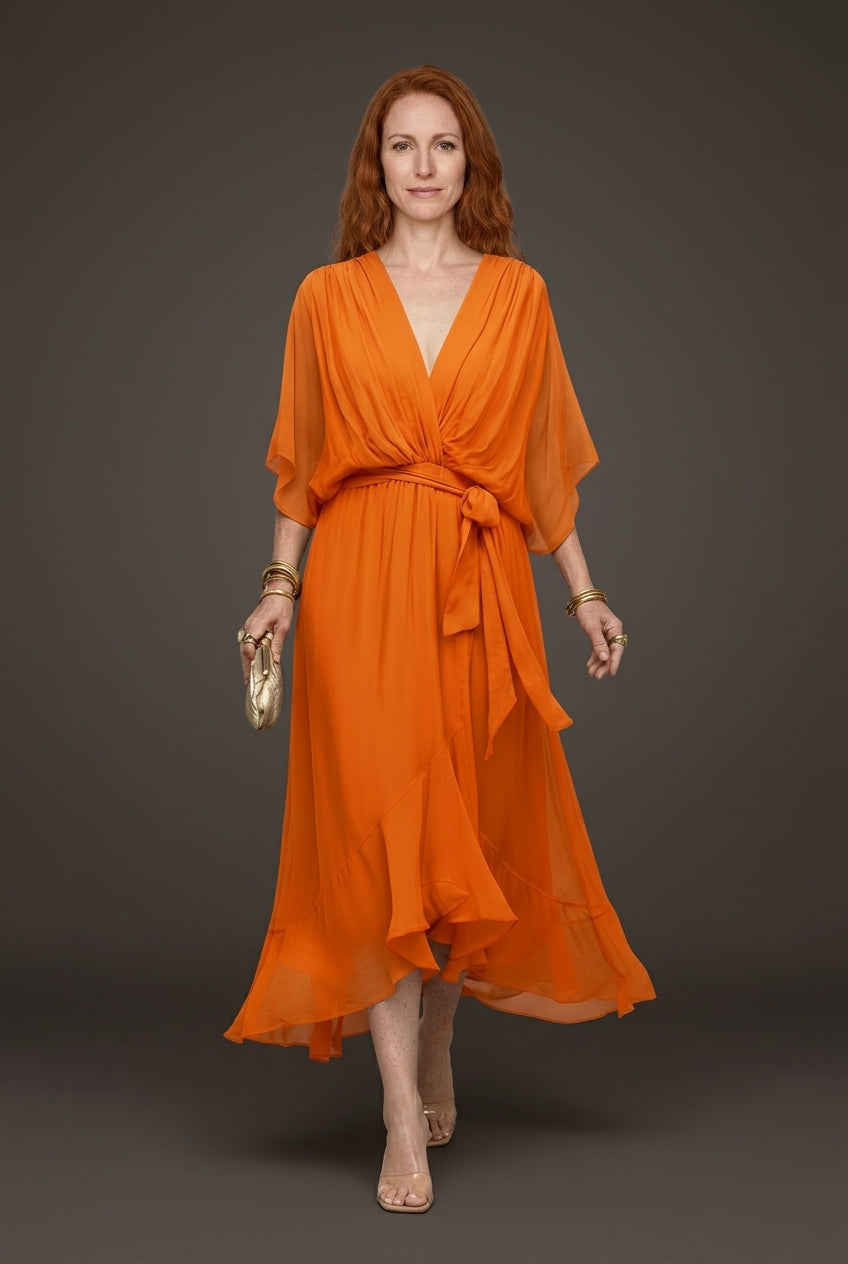 Elegant V-Neck Flowy Sleeve Dress for Women, Layered Textured Fringe Design, for Special Occasions, Dinners & Evening We
