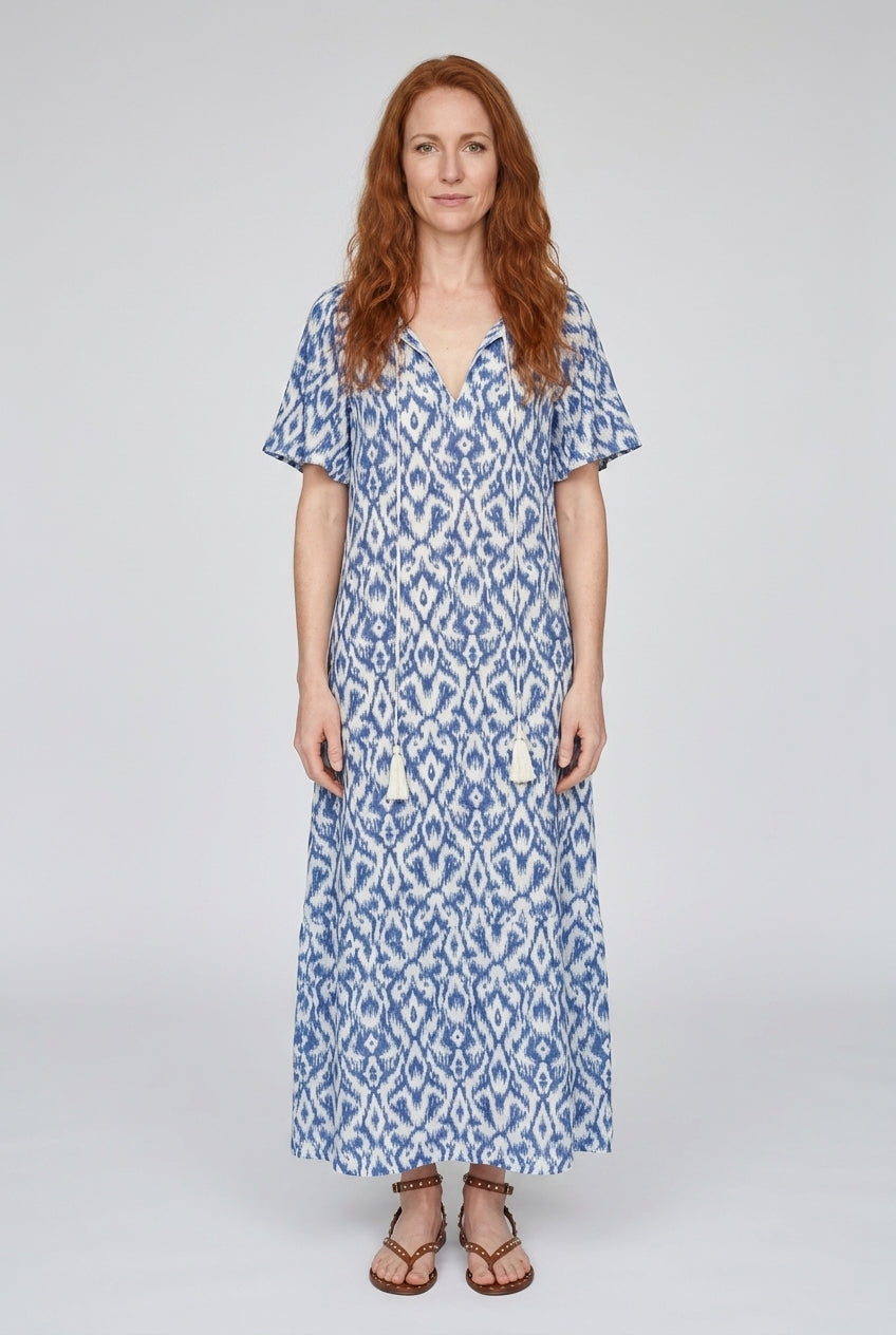 Boho V-Neck Summer Dress for Women, Flowing Vintage-Inspired Pattern Relaxed Fit, for Vacation, Brunch, Date Night & Eve