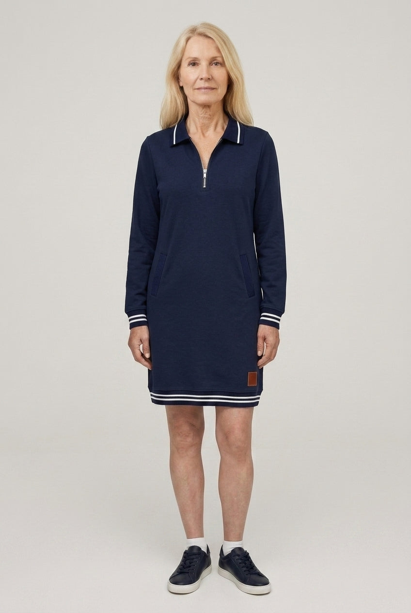 Elegant Long Sleeve Collar Dress for Women, Cotton Blend Straight Cut with Front Zipper & Pockets, for Work, Office, Cas