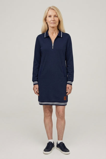 Elegant Long Sleeve Collar Dress for Women, Cotton Blend Straight Cut with Front Zipper & Pockets, for Work, Office, Cas