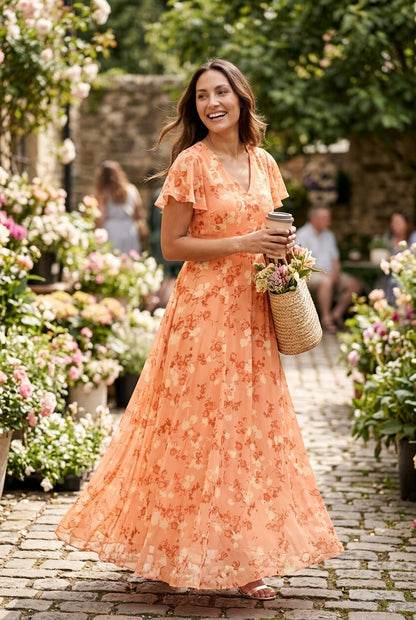 Elegant Floral Midi Dress for Women, Short Sleeve Tailored with Breathable Fabric, for Garden Party, Casual & Special Oc