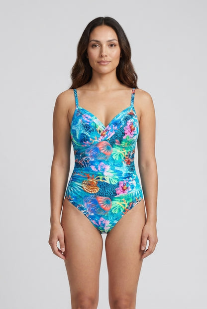 Ocean Print One-Piece Swimsuit for Women, High-Waisted Flattering Crisscross Wrap, for Beach, Pool & Vacation