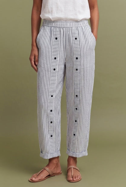 Lightweight Stripe Buttoned Trousers for Women, Linen-Blend Relaxed-Fit Elastic Waistband Wrinkle-Resistant, for Travel,