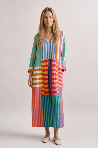 Aria | Women's Linen Colorblock Stripe Oversized V-Neck Maxi Dress