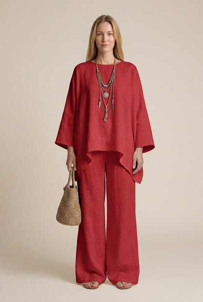 Elegant Wide Sleeve Linen Set for Women, Oversized Top and Wide-Leg Trousers, for Casual, Work, Vacation & Everyday Wear