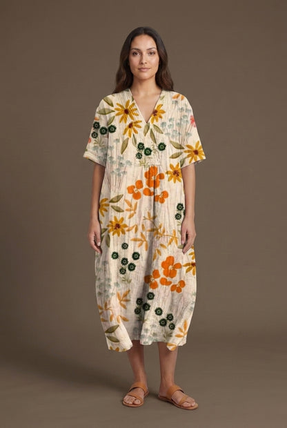 Vibrant Multicolour V-Neck Dress for Women, Lightweight Cotton-Linen Blend, for Summer, Casual & Party Wear