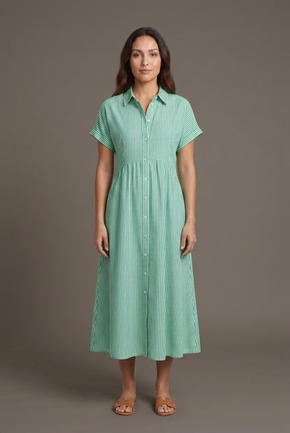 Elegant Cotton Maxi Dress for Women, Short-Sleeve Shirt Collar Button-Front Fitted Waist, for Summer, Vacation, Brunch &