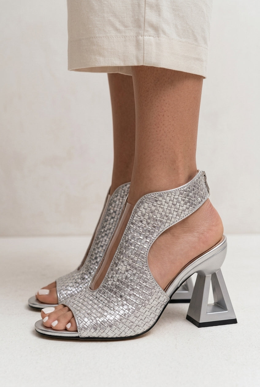 Elegant Geometric Heels for Women, Woven Textured Open-Toe Slip-On with Sculptural Heel, for Dinners, Events, Weddings &