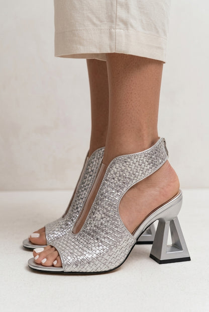 Elegant Geometric Heels for Women, Woven Textured Open-Toe Slip-On with Sculptural Heel, for Dinners, Events, Weddings &