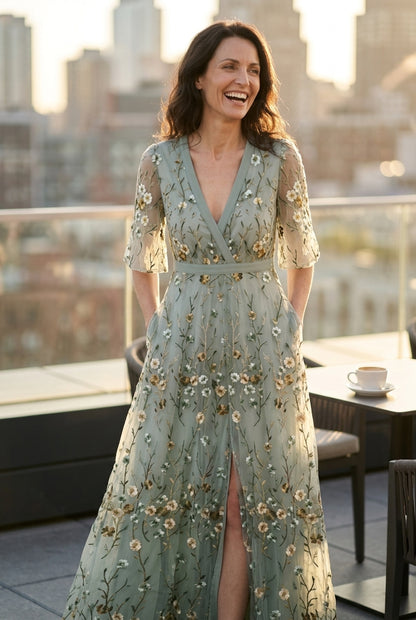 Elegant Floral Long Dress for Women, Soft Flowing Silhouette Maxi, for Weddings, Evening Events & Special Occasions