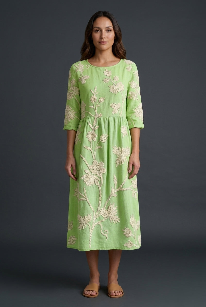Elegant Floral Midi Dress for Women, Round Neck Linen-Cotton Blend with Embroidered Details, for Summer, Garden Events &