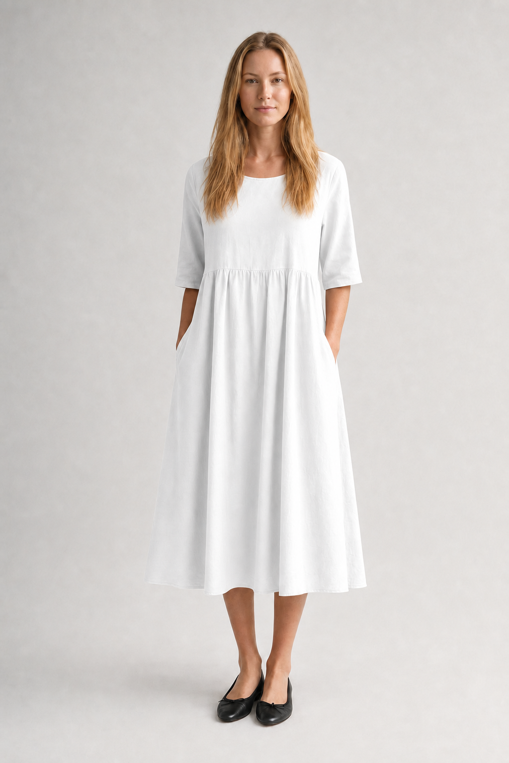 Nola | Women's Linen Gathered Waist Half-Sleeve Midi Dress