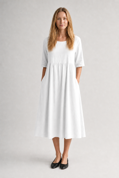 Nola | Women's Linen Gathered Waist Half-Sleeve Midi Dress