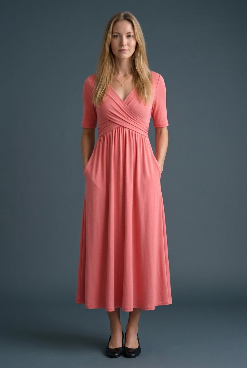 Casual V-Neck Midi Dress for Women, Wrap-Style Elbow-Sleeve Pleated with Pockets, for Office, Brunch, Lunch & Everyday W