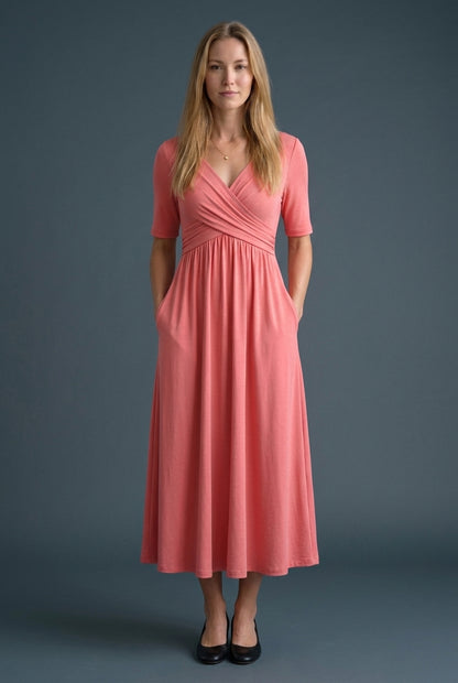 Casual V-Neck Midi Dress for Women, Wrap-Style Elbow-Sleeve Pleated with Pockets, for Office, Brunch, Lunch & Everyday W