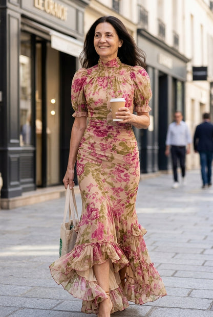 Vintage Rose Puff Sleeve Maxi Dress for Women, Floral Print Bohemian Long-Sleeve A-Line, for Vacation, Festival, Garden 