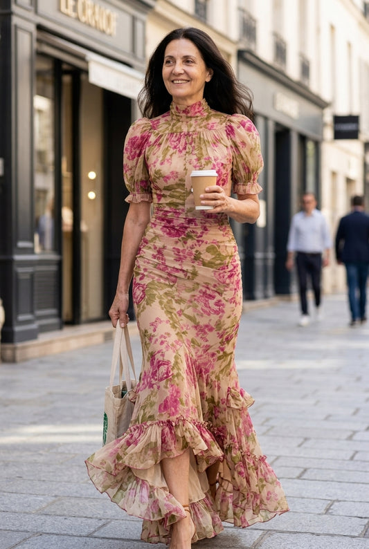 Vintage Rose Puff Sleeve Maxi Dress for Women, Floral Print Bohemian Long-Sleeve A-Line, for Vacation, Festival, Garden 