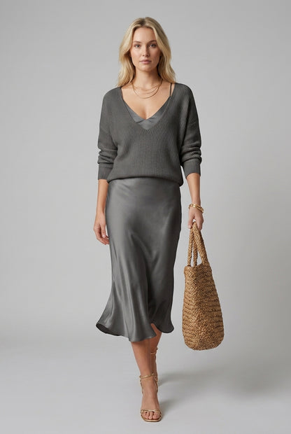 Angelique Dagny | Ribbed Knit & Satin Wrap Two-Piece Set