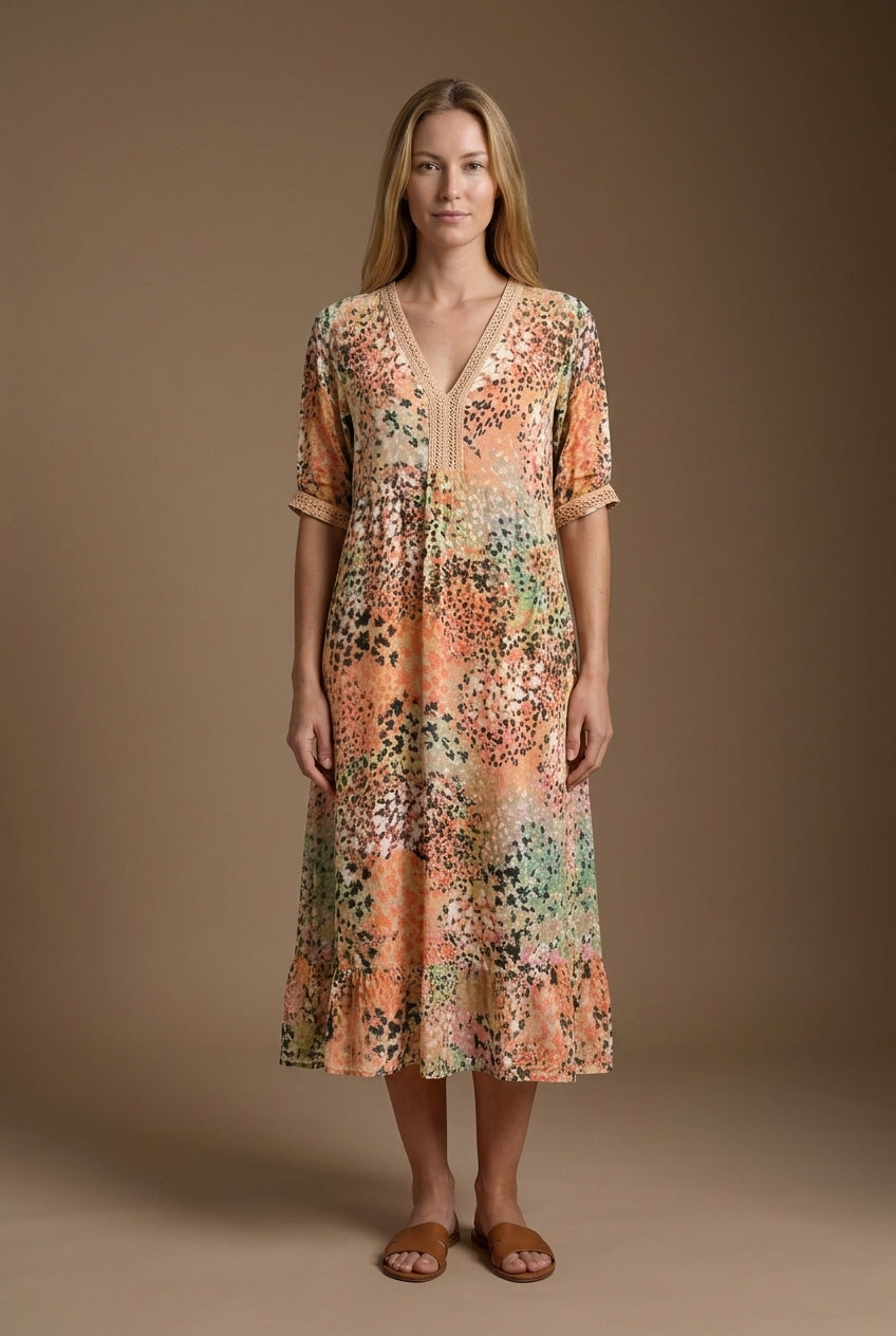 Vibrant Pattern Midi Dress for Women, Flowing Silhouette with Bold Print, for Work, Brunch, Date Night & Everyday Wear
