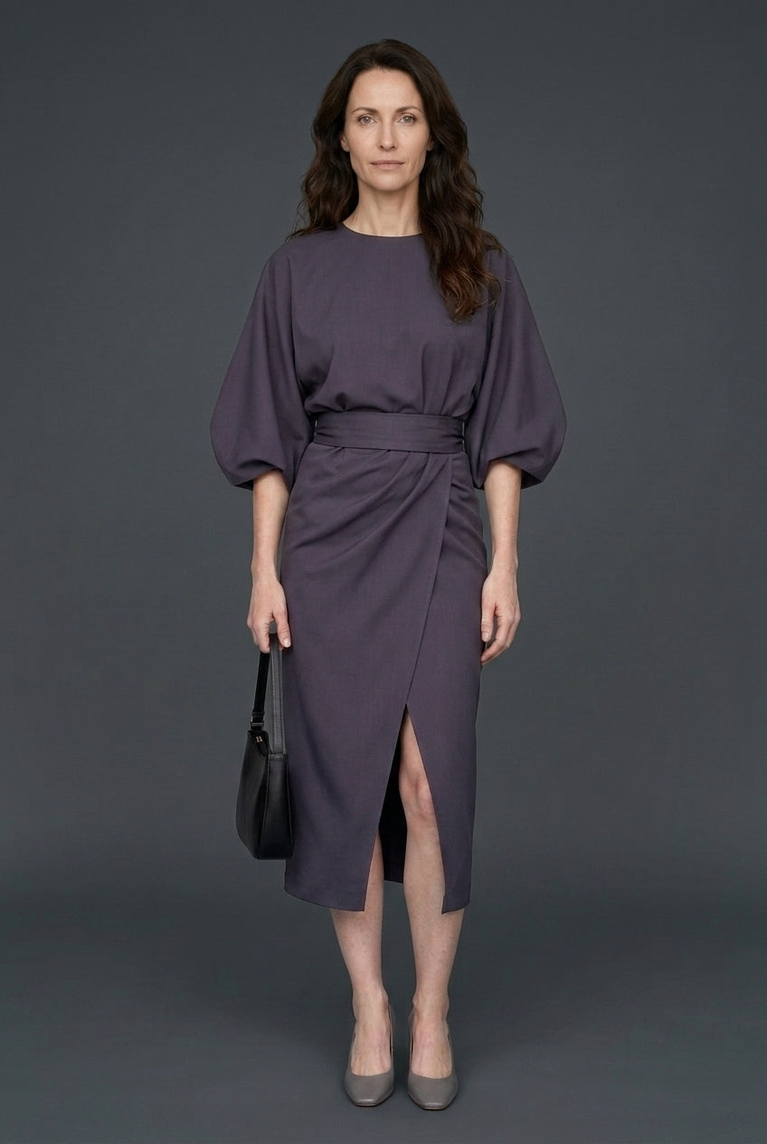 Elegant Lantern Sleeve Dress for Women, Lightweight Flowing Fabric Waist-Defining Belt, for Formal Events, Celebrations 