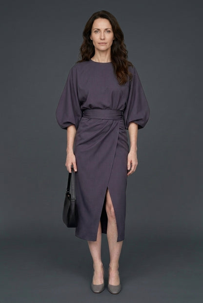 Elegant Lantern Sleeve Dress for Women, Lightweight Flowing Fabric Waist-Defining Belt, for Formal Events, Celebrations 