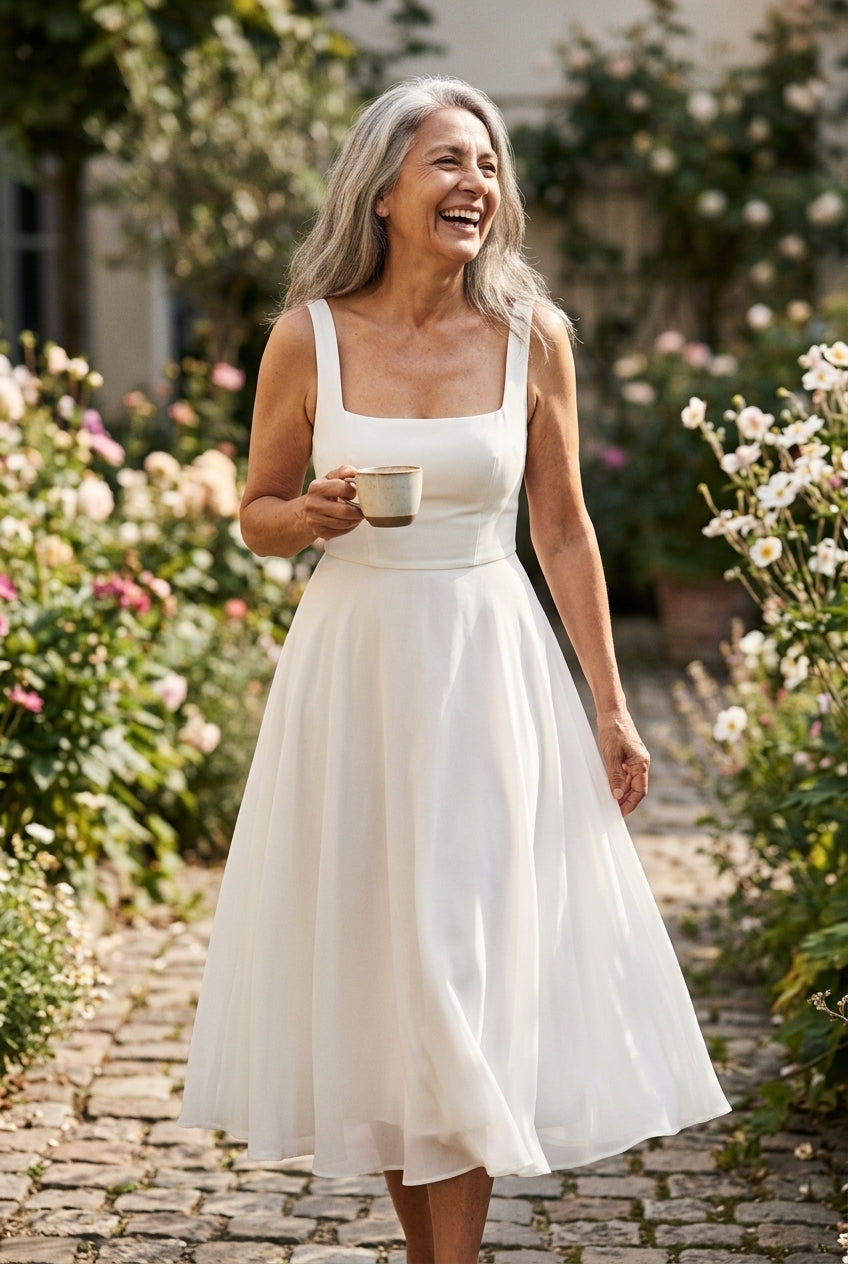 Elegant Sleeveless Square Midi Dress for Women, Tailored Bodice Flowing Skirt, for Weddings, Formal Events, Brunch & Spe
