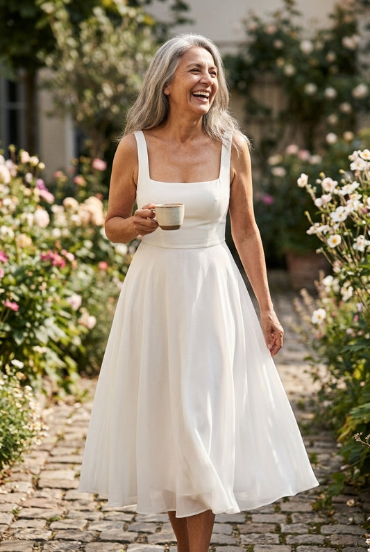 Elegant Sleeveless Square Midi Dress for Women, Tailored Bodice Flowing Skirt, for Weddings, Formal Events, Brunch & Spe