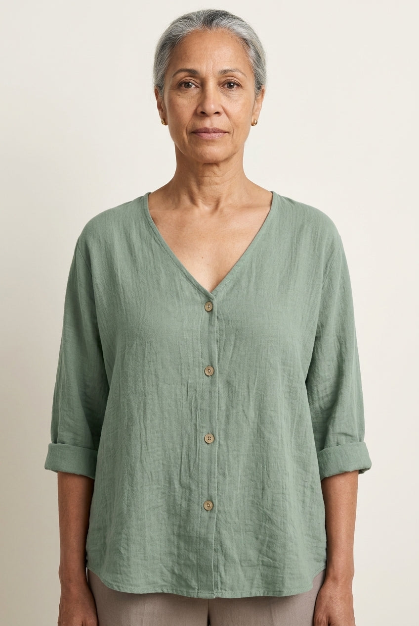 Casual Relaxed Button-Up Blouse for Women, V-Neck Roll Sleeve, for Everyday, Brunch, Weekend & Casual Wear