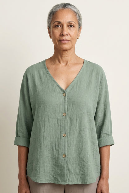 Casual Relaxed Button-Up Blouse for Women, V-Neck Roll Sleeve, for Everyday, Brunch, Weekend & Casual Wear