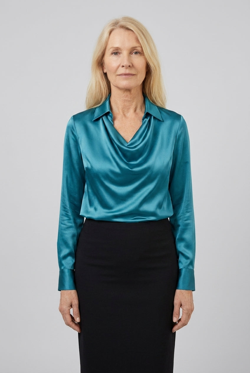 Elegant Satin Blouse for Women, Soft Drape Neckline Feminine Cut, for Work, Dinner, Evening & Everyday Wear